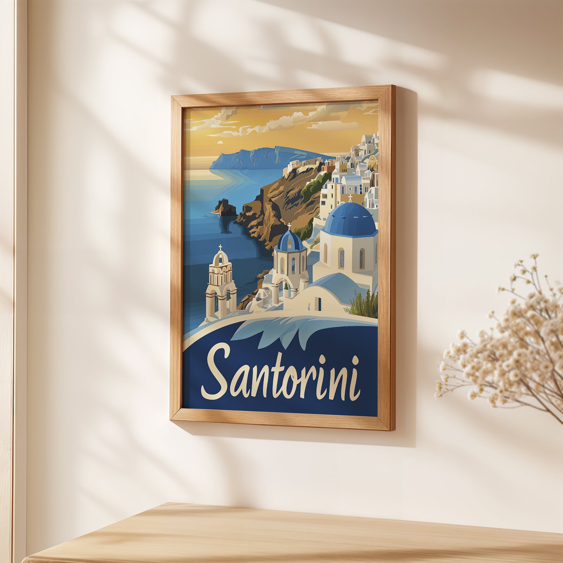 Art print of Santorini showcasing blue-domed churches and cliffside views of the Aegean Sea, styled like a vintage travel poster.