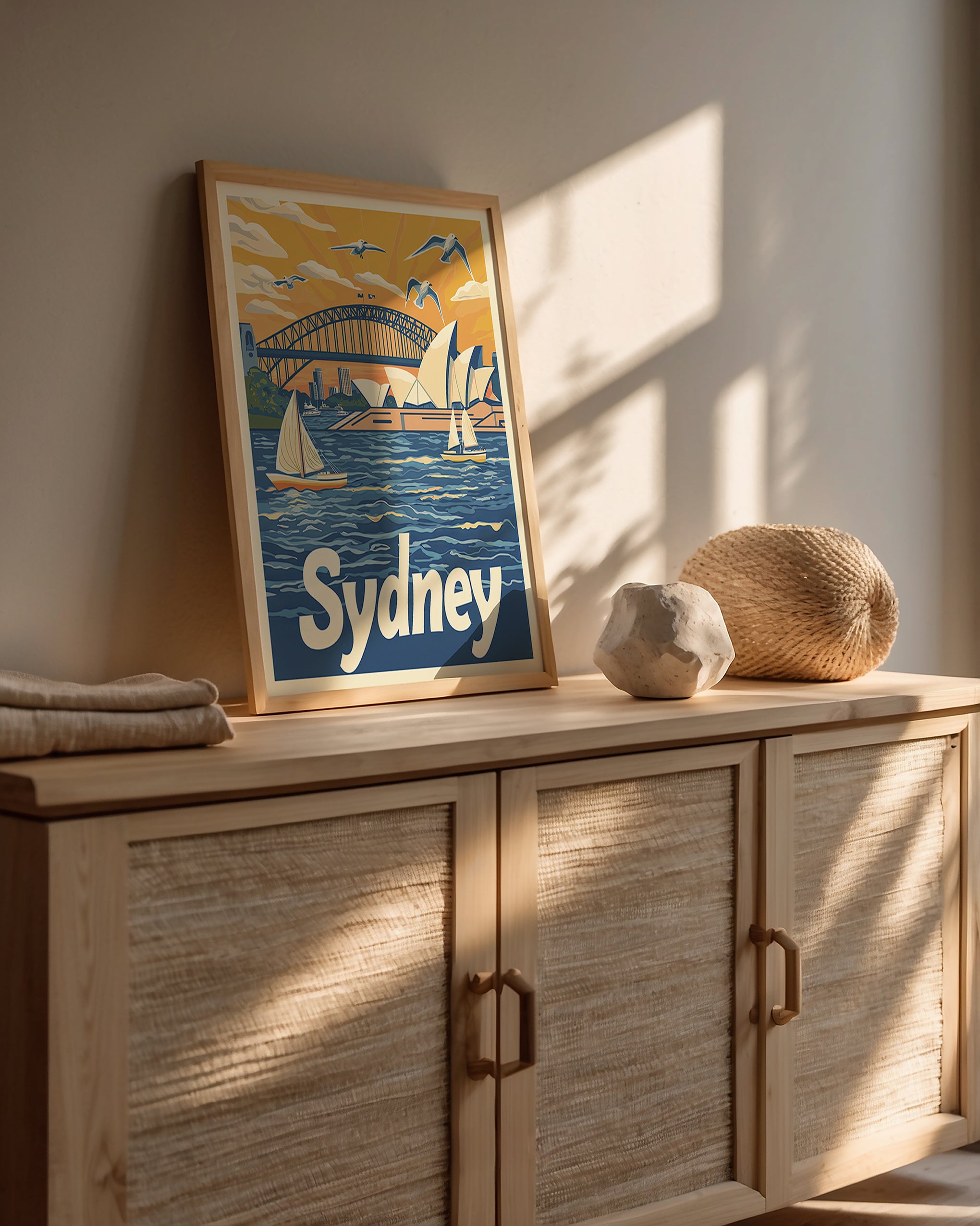 Sydney wall art illustration featuring Opera House, Harbour Bridge, boats, and vibrant colors.