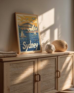 Sydney wall art illustration featuring Opera House, Harbour Bridge, boats, and vibrant colors.