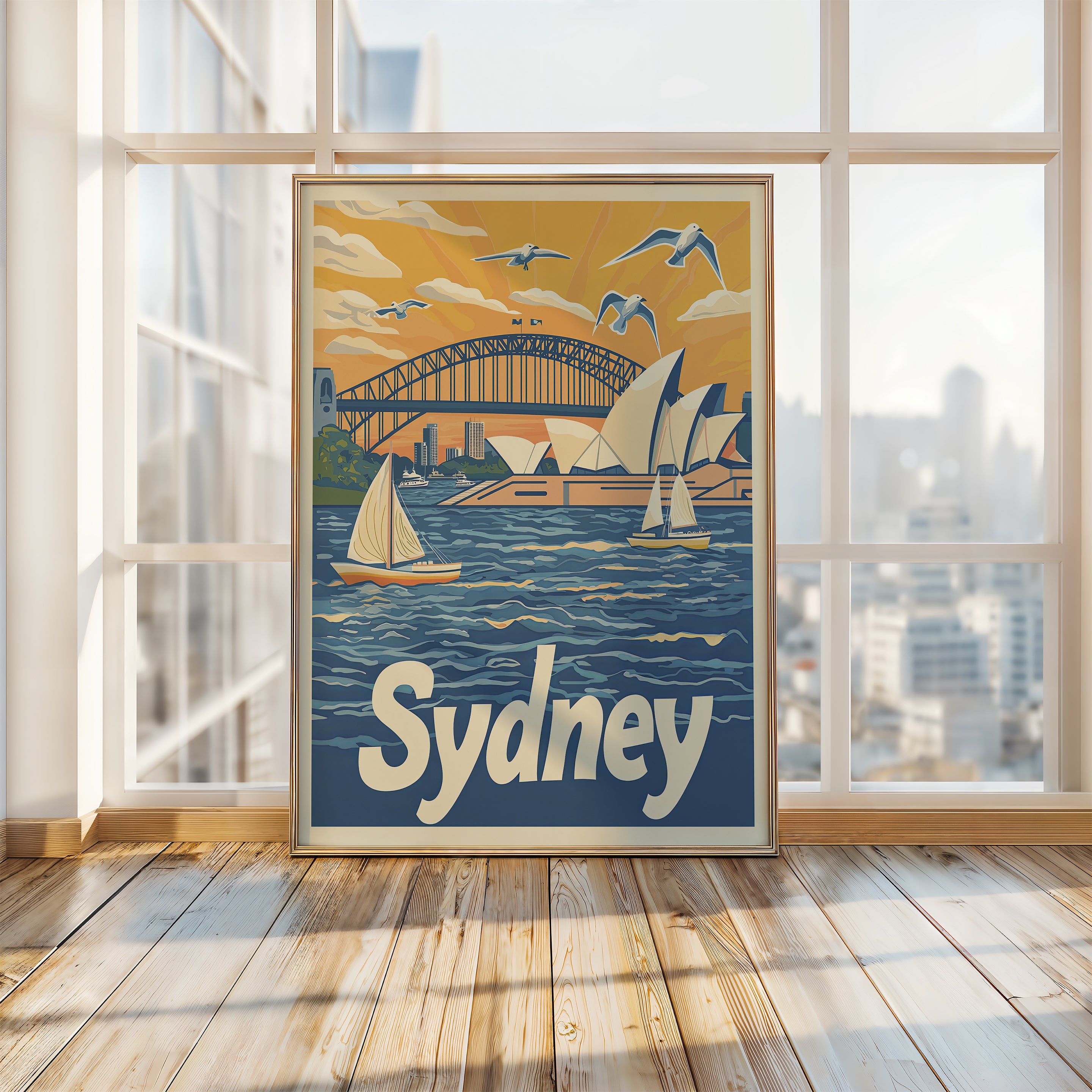 Vibrant Sydney travel wall art featuring the Opera House, Harbour Bridge, and sailing boats against a sunset.