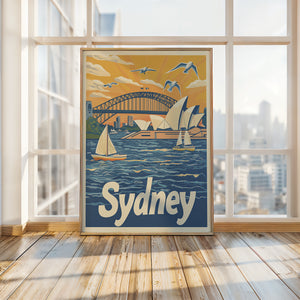 Vibrant Sydney travel wall art featuring the Opera House, Harbour Bridge, and sailing boats against a sunset.