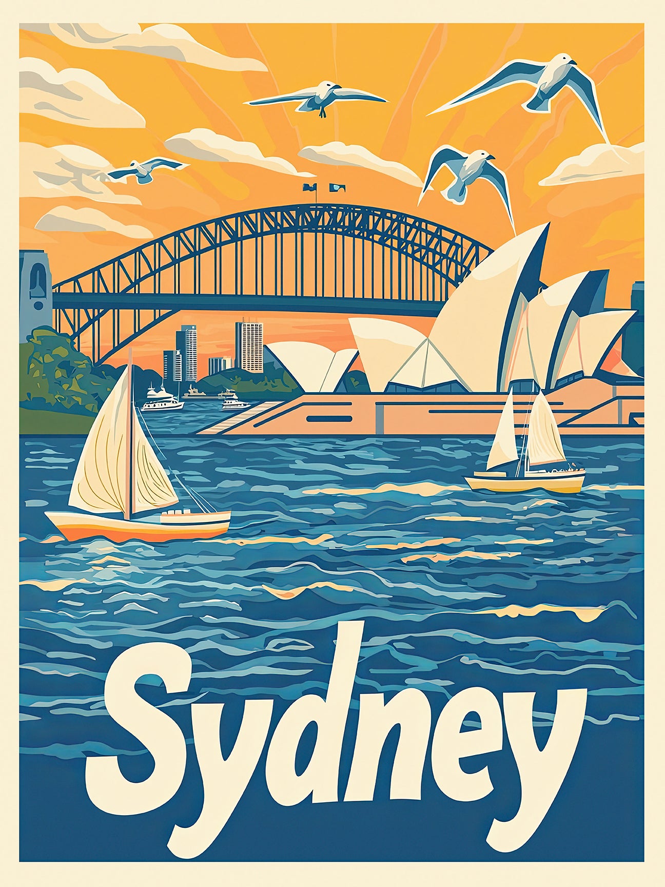 Vibrant travel art print of Sydney with Opera House, Harbour Bridge, sailing boats, and a sunset backdrop.