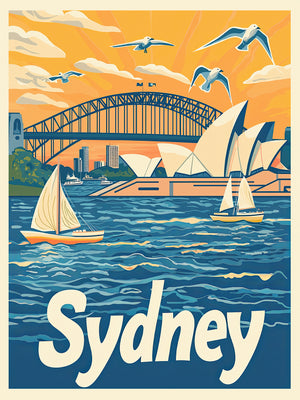 Vibrant travel art print of Sydney with Opera House, Harbour Bridge, sailing boats, and a sunset backdrop.