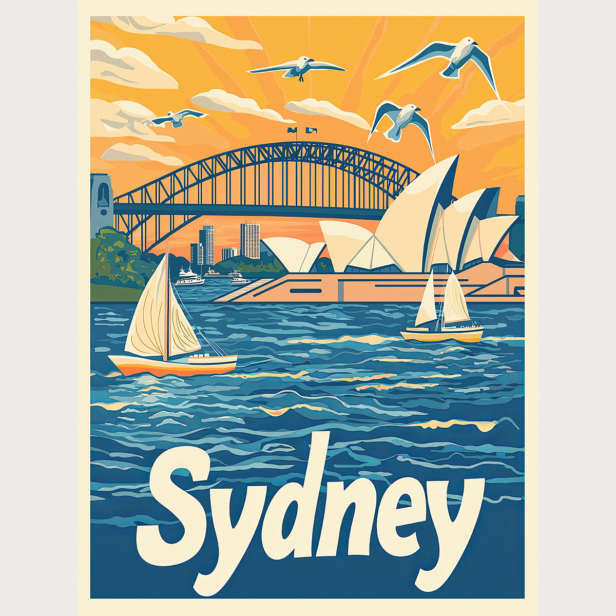 Sydney Opera House and Harbour Bridge illustration with boats sailing in vibrant waterscape, travel wall art.