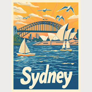 Sydney Opera House and Harbour Bridge illustration with boats sailing in vibrant waterscape, travel wall art.
