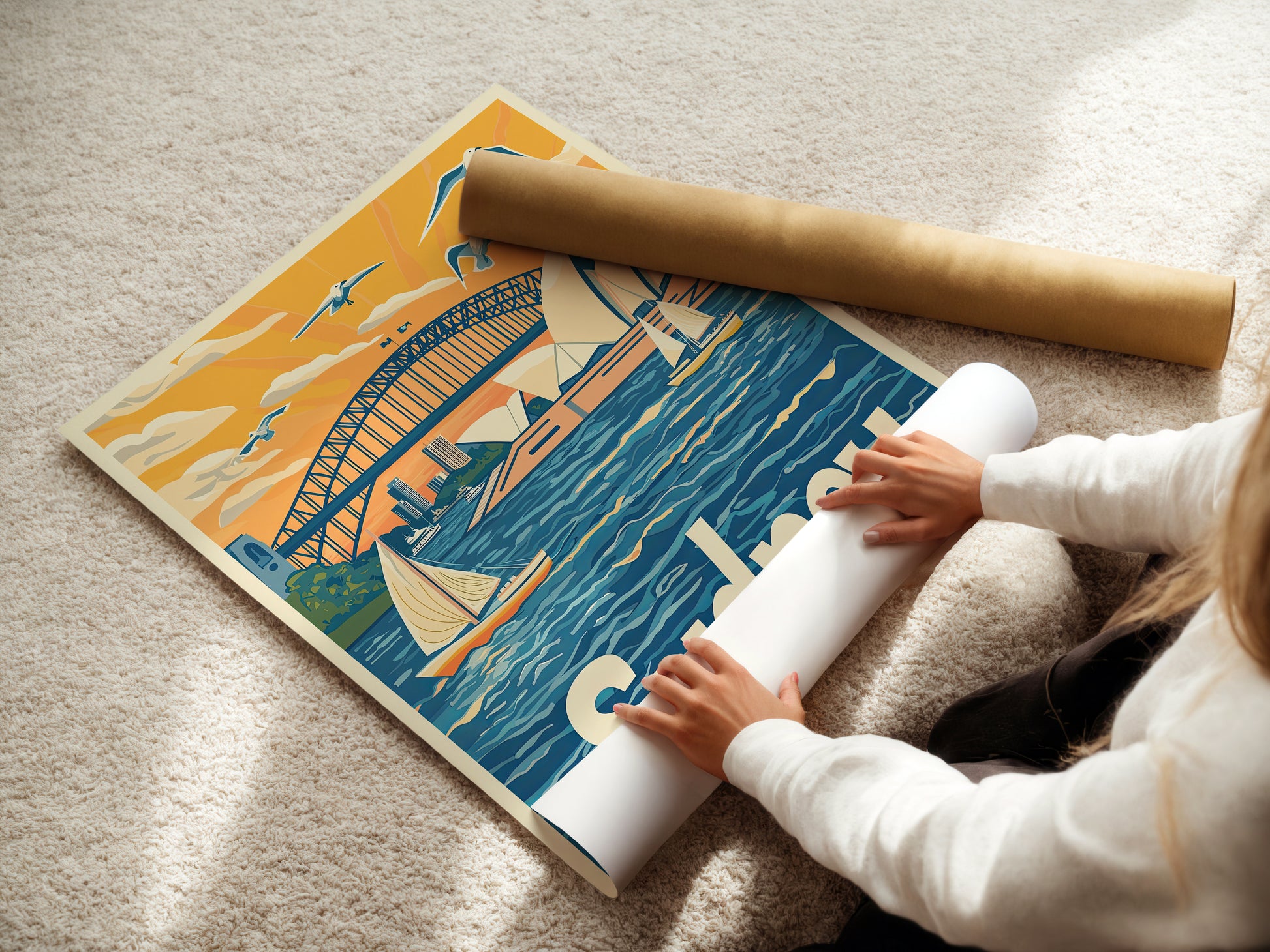 Person handling a vibrant Sydney Opera House and Bridge travel art print on a cozy surface.