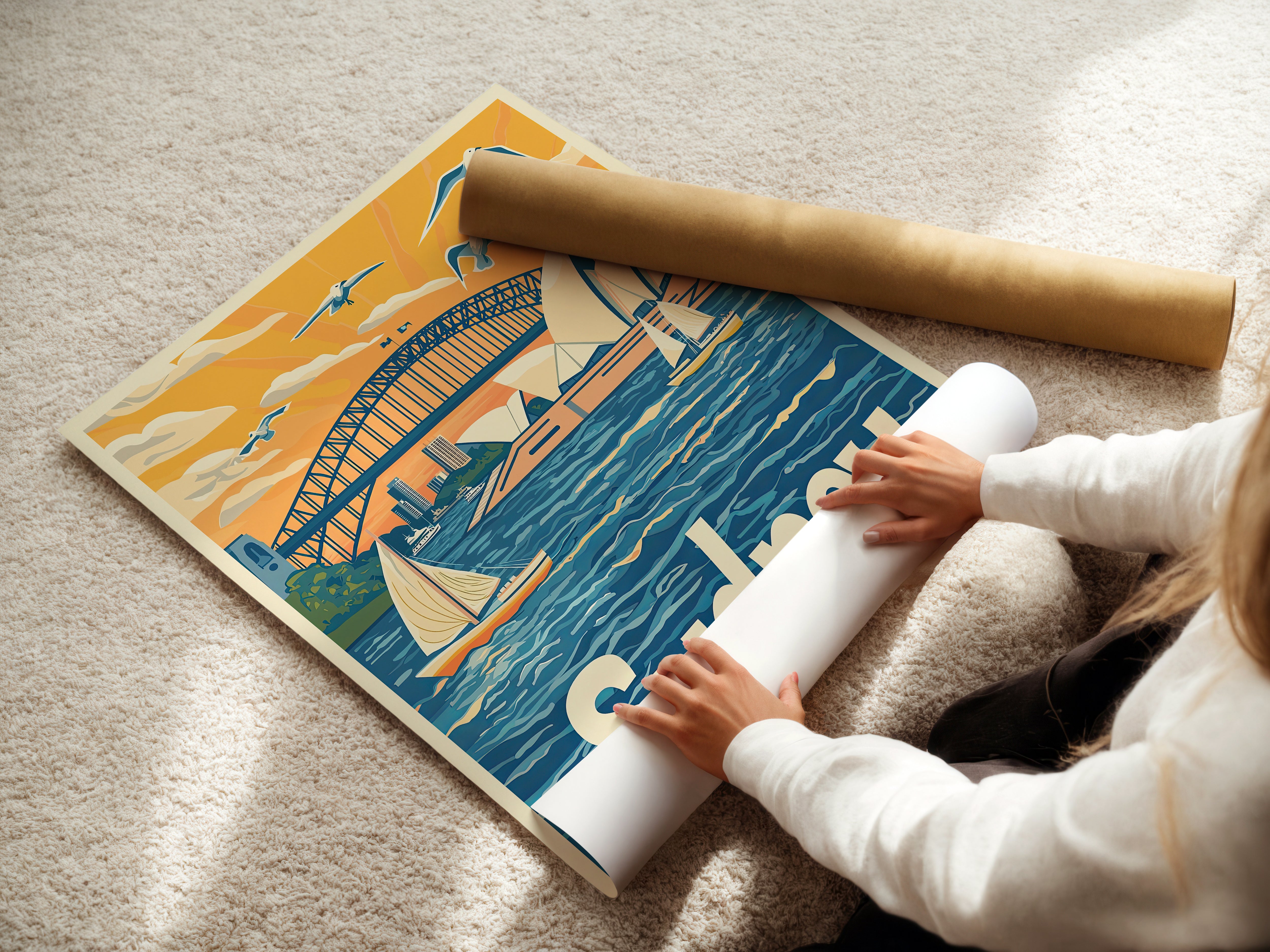 Person handling a vibrant Sydney Opera House and Bridge travel art print on a cozy surface.