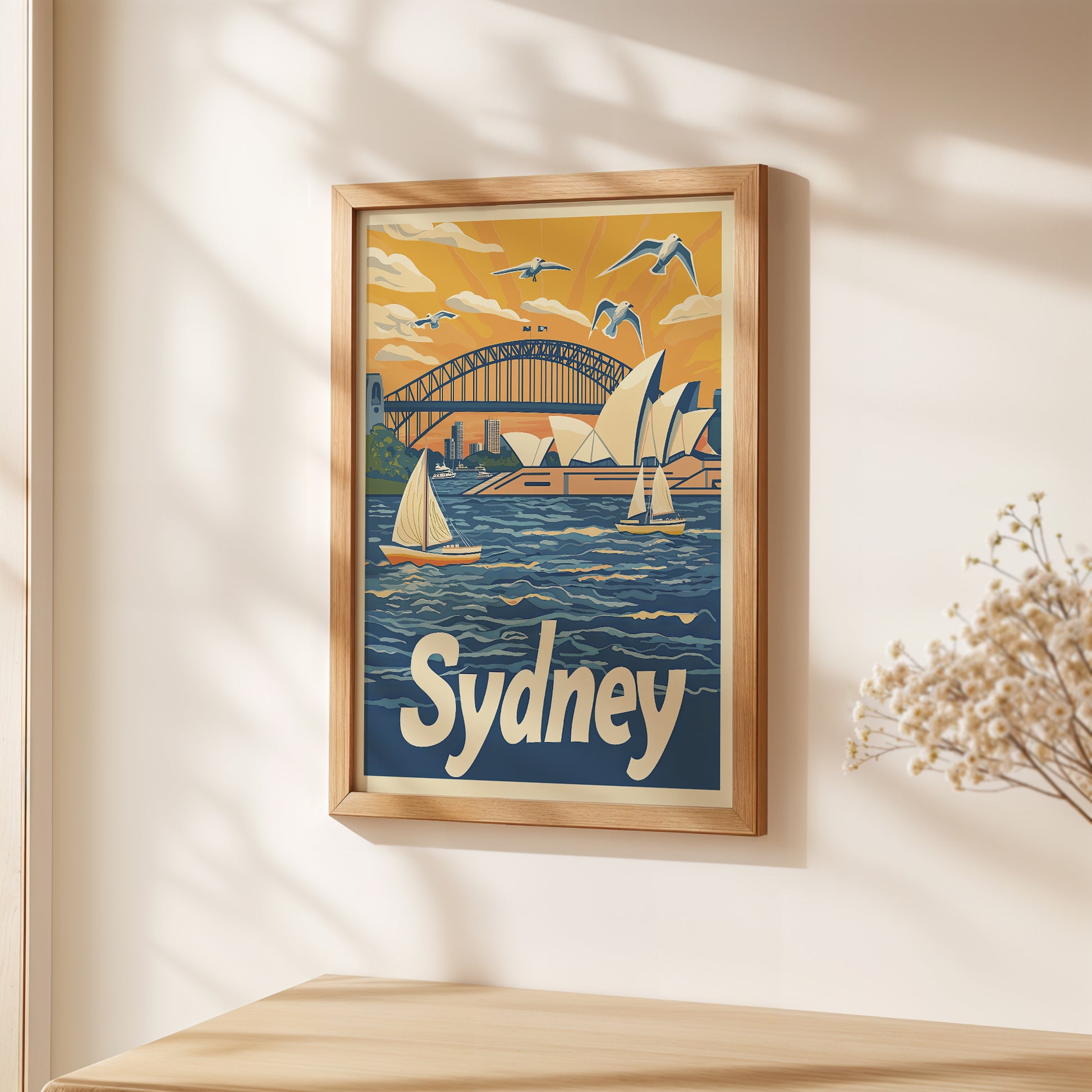 Colorful travel wall art featuring Sydney Opera House and Harbour Bridge with sailboats.