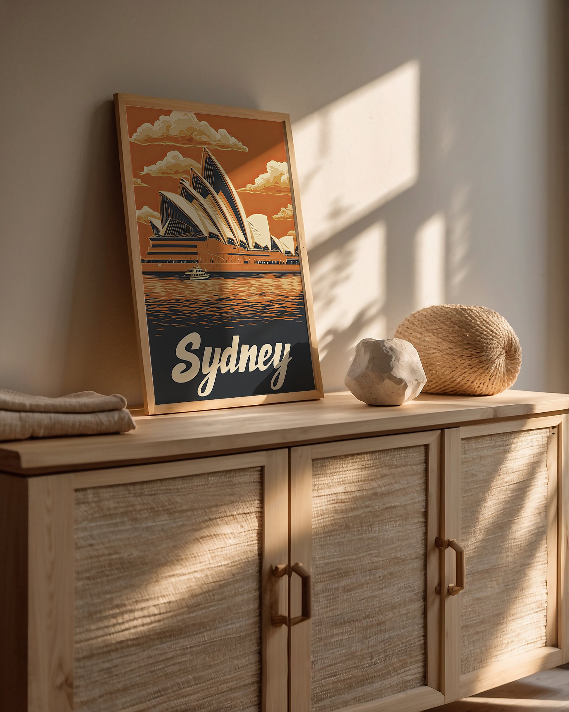 Wall art of Sydney Opera House in sunset colors, inspired by vintage travel posters, displayed on a wooden console.