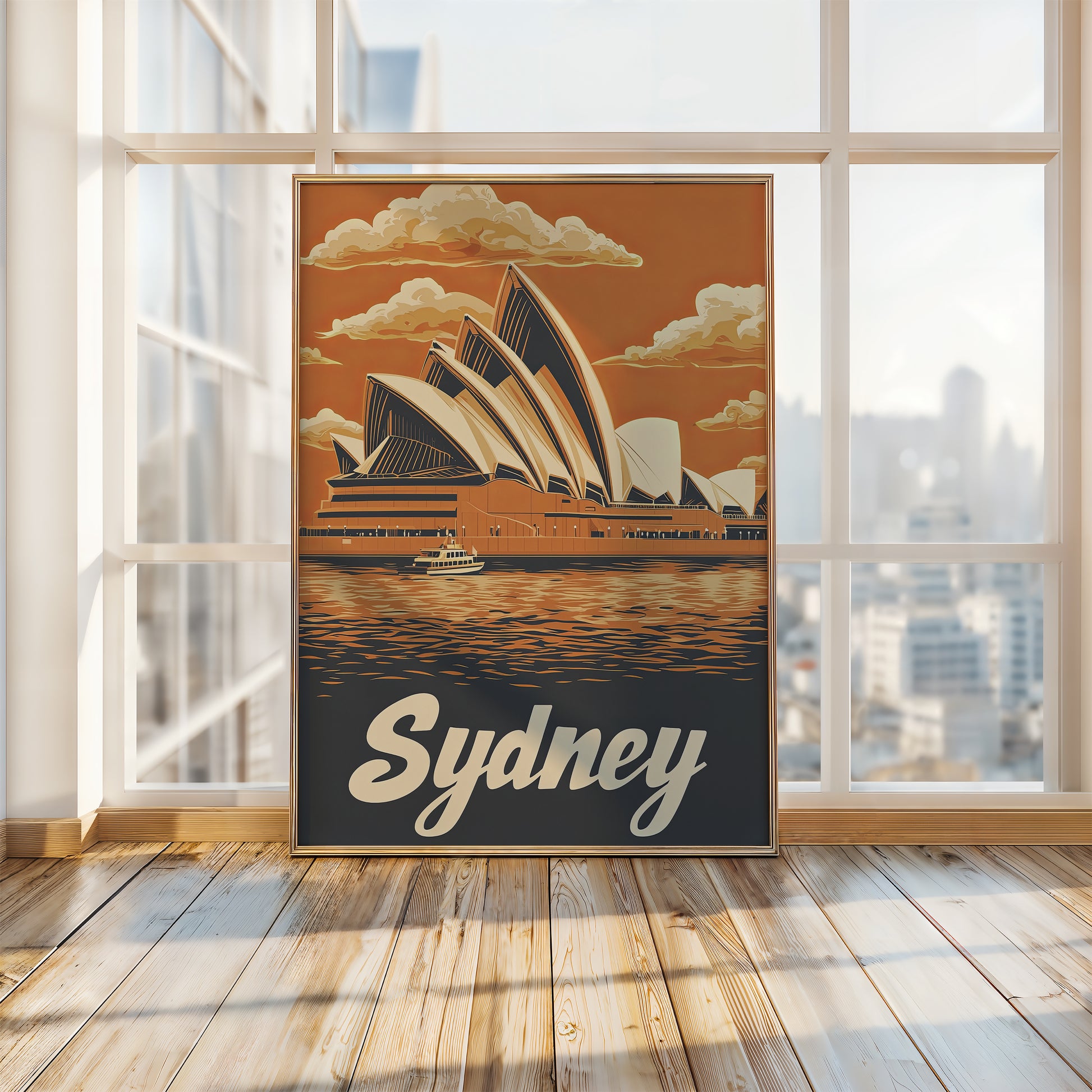 Vintage travel poster of Sydney Opera House reflecting sunset colors over the harbor, ideal wall art for home decor.