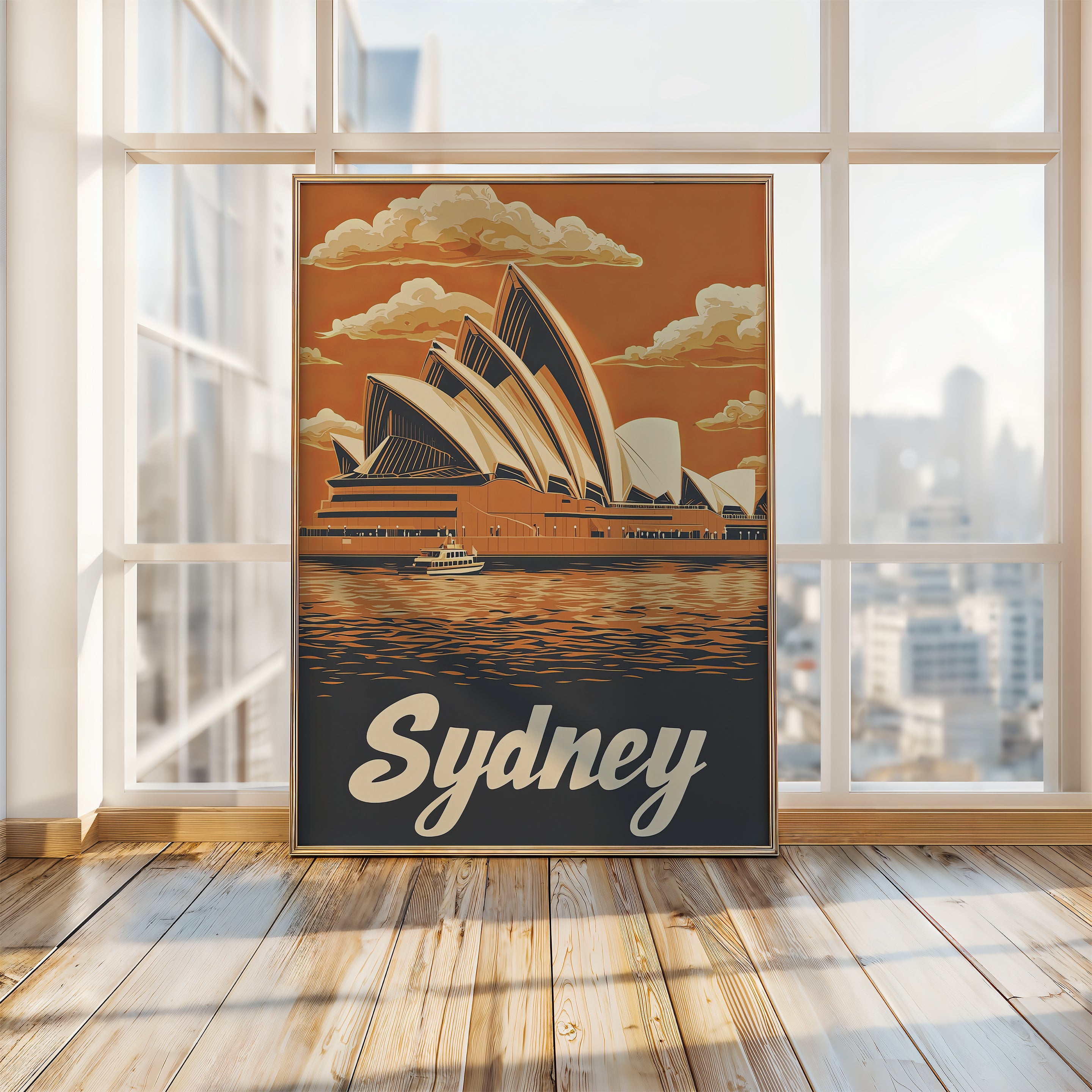 Vintage travel poster of Sydney Opera House reflecting sunset colors over the harbor, ideal wall art for home decor.