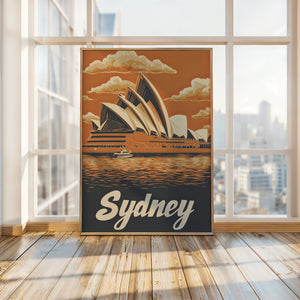 Vintage travel poster of Sydney Opera House reflecting sunset colors over the harbor, ideal wall art for home decor.