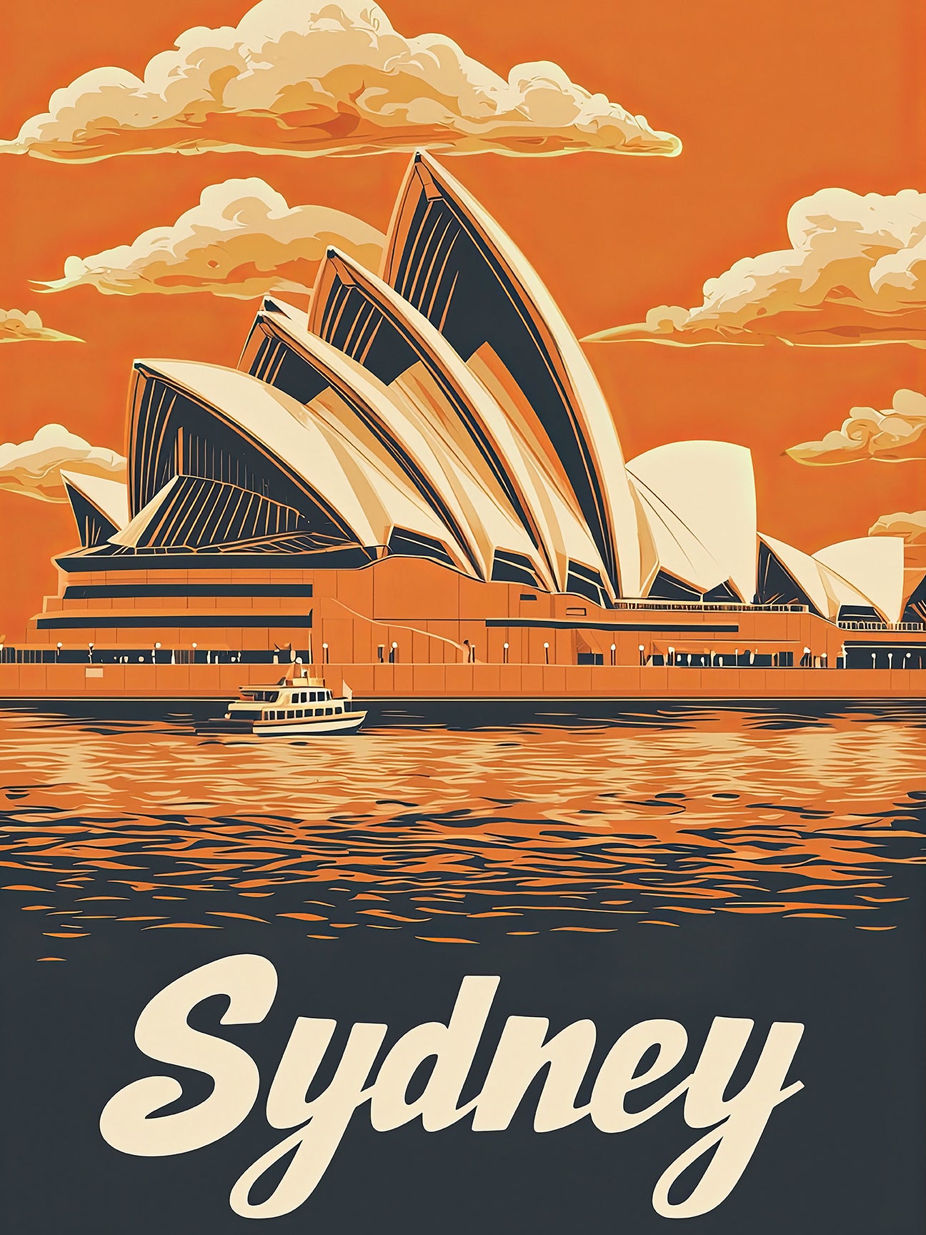 Vintage travel poster of Sydney Opera House at sunset, showcasing Australia’s coastline in warm tones.
