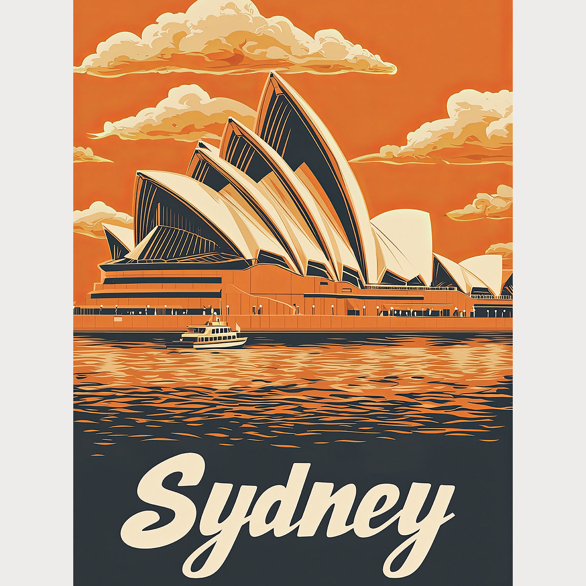 Sunset Reflections of Sydney Opera House, showcasing warm tones and classic travel poster design in wall art.