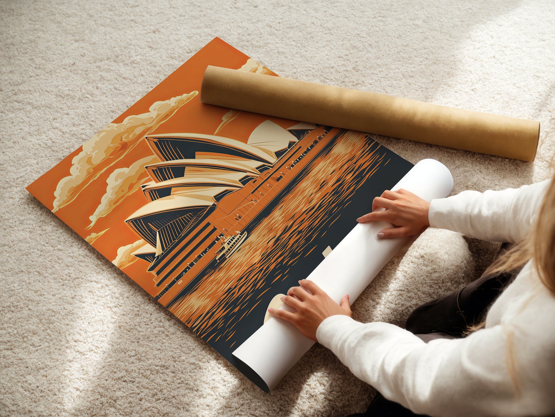 Person rolling out 'Sunset Reflections: Sydney Opera House' travel poster wall art of Australia.