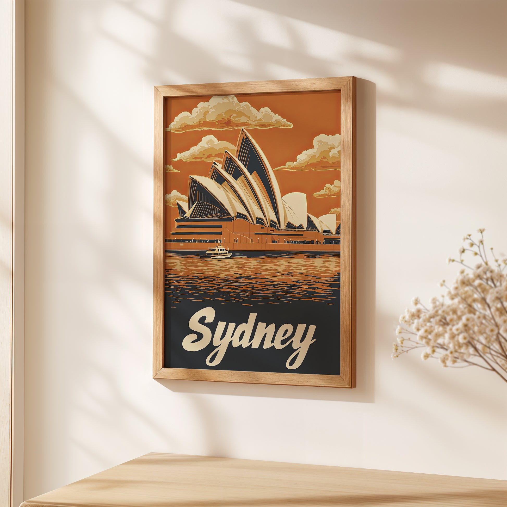 Travel poster wall art of Sydney Opera House with sunset reflections, showcasing Australia's iconic landmark.
