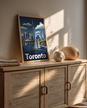 Urban waterfront wall art featuring the Toronto skyline and sailboats in harbor, retro travel poster.
