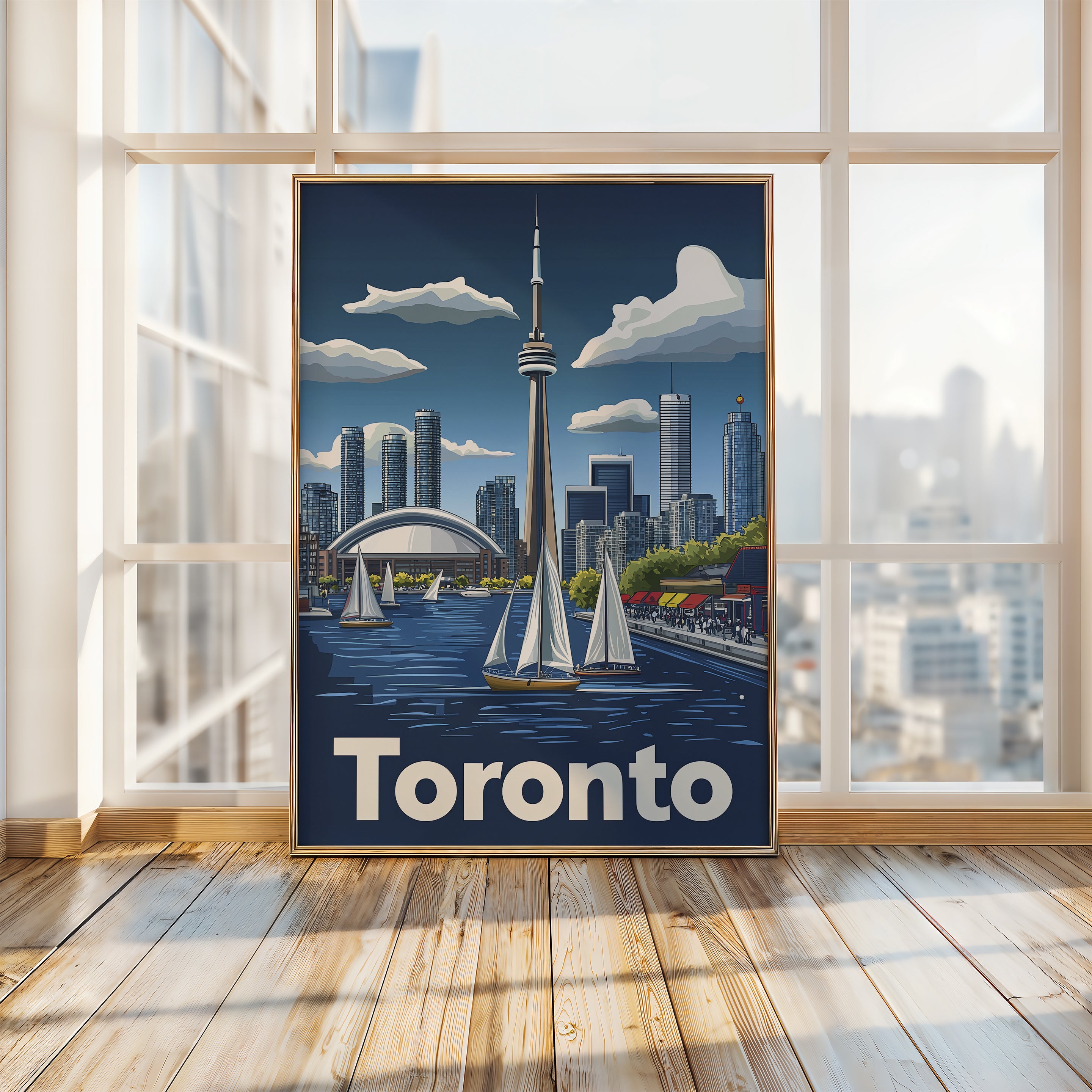 Toronto skyline wall art featuring sailboats and harbor in retro style, perfect for city and travel enthusiasts.
