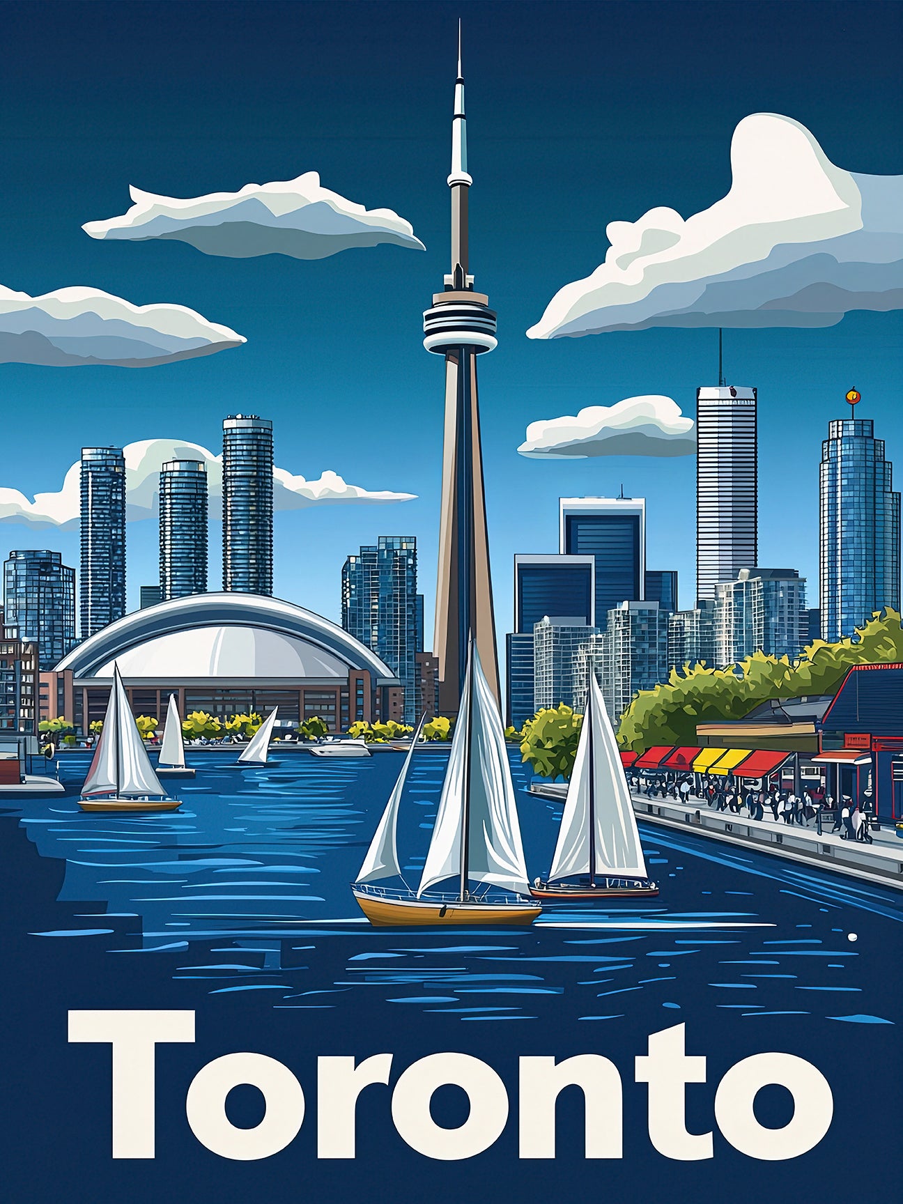 Sailing Toronto urban waterfront wall art featuring sailboats and the skyline, perfect travel art print.