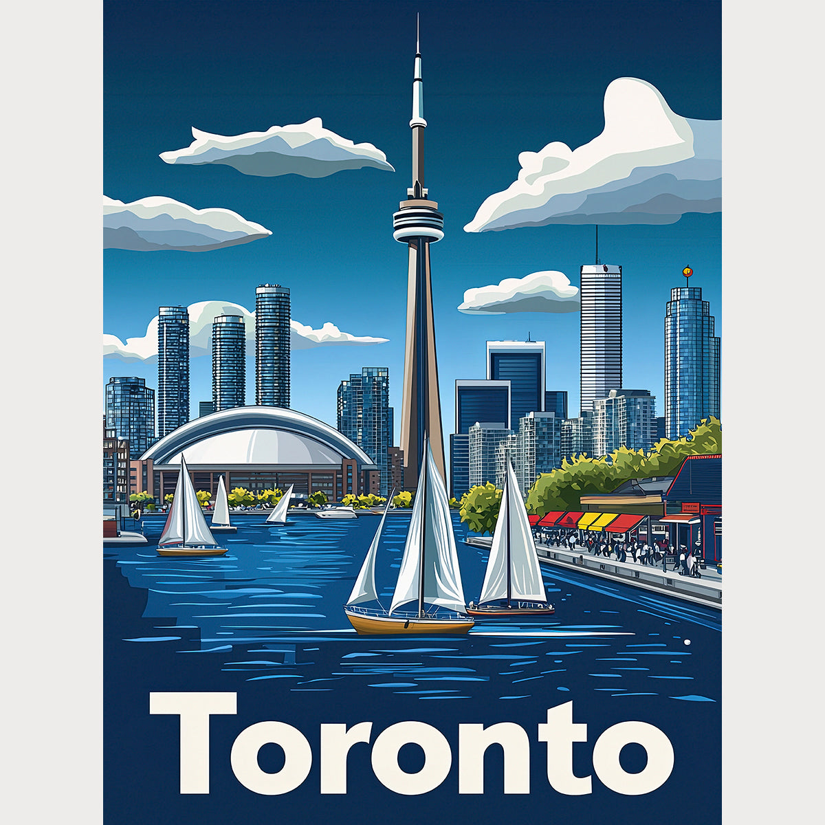 Sailing Toronto travel art print showcasing the skyline and harbor with sailboats and CN Tower, perfect for wall art.