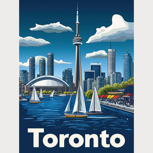 Sailing Toronto travel art print showcasing the skyline and harbor with sailboats and CN Tower, perfect for wall art.
