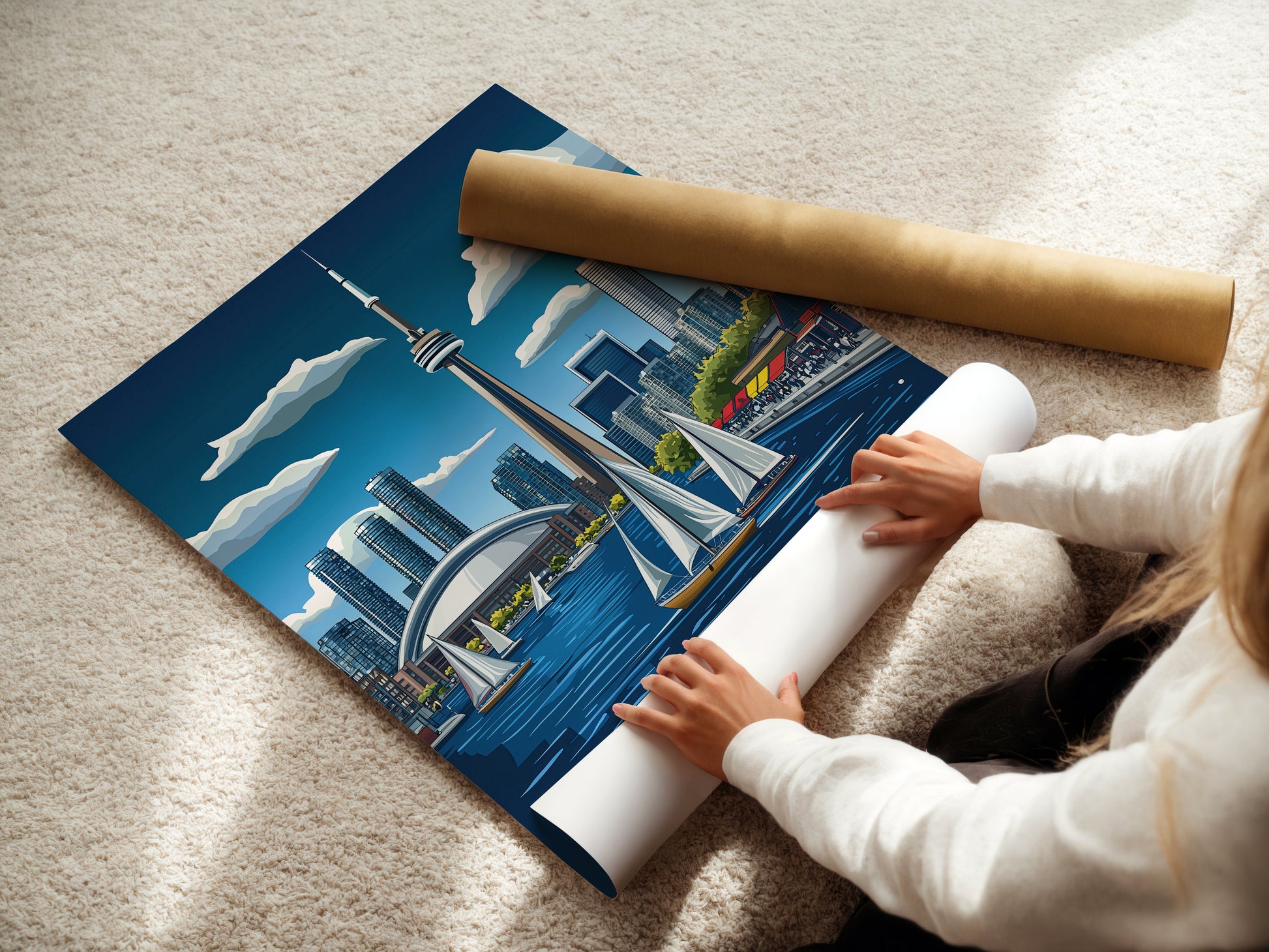 Urban Waterfront wall art of Toronto skyline with sailboats, capturing the essence of Canada's vibrant harbor.
