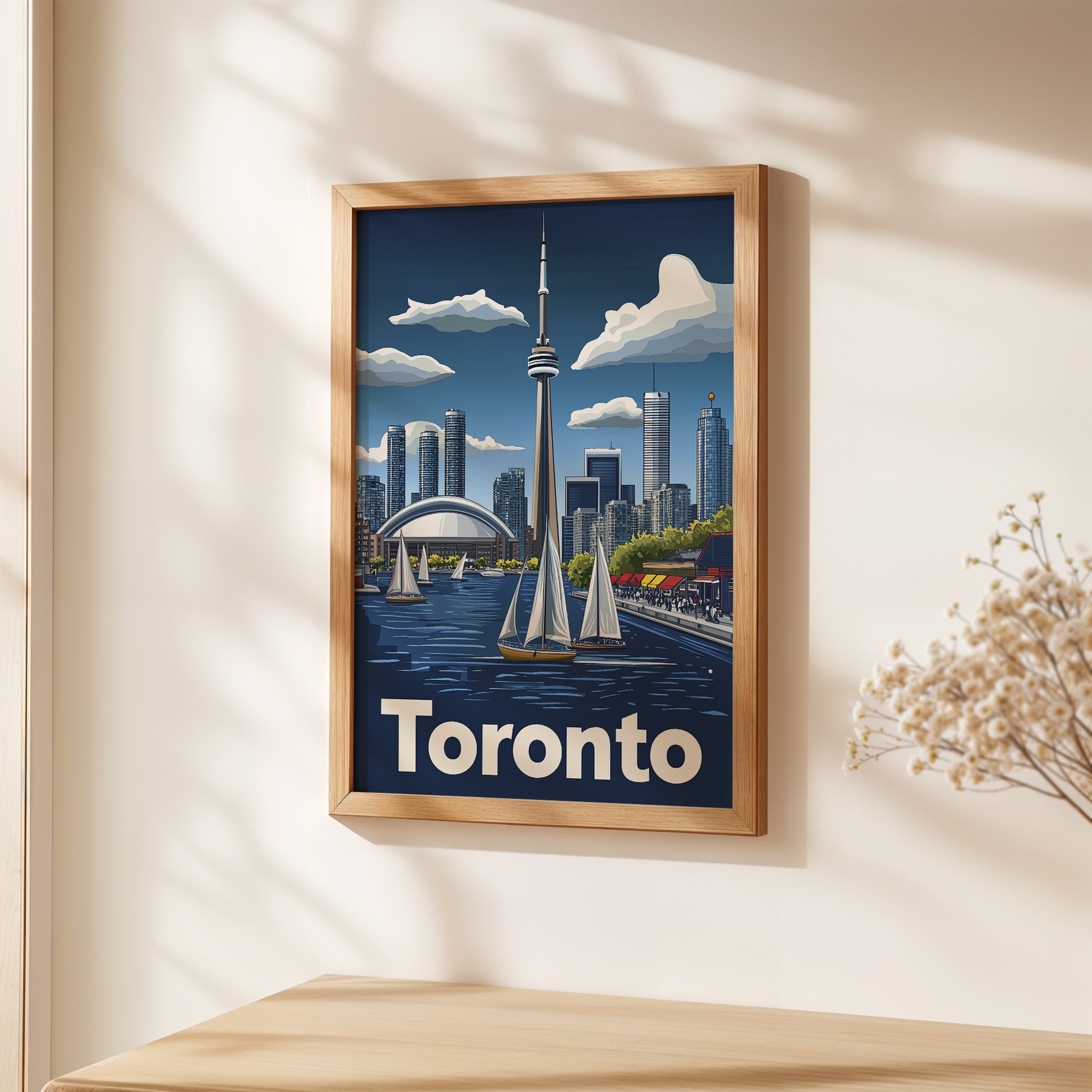 Retro wall art of Toronto skyline with sailboats on the harbor, celebrating boating and travel in Canada.