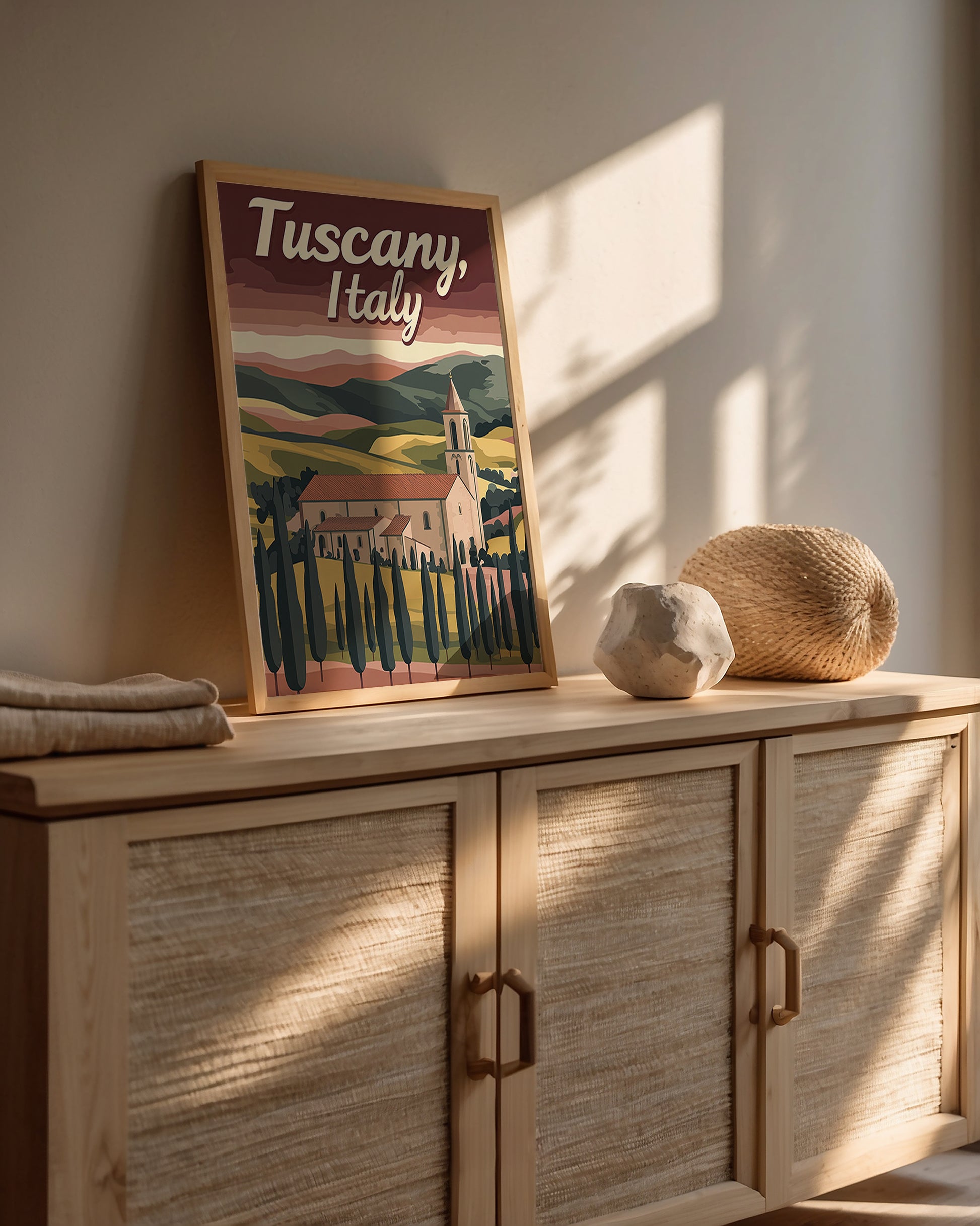 Vintage travel poster of Tuscany, Italy, featuring a scenic villa and cypress trees, ideal for wall art decor.