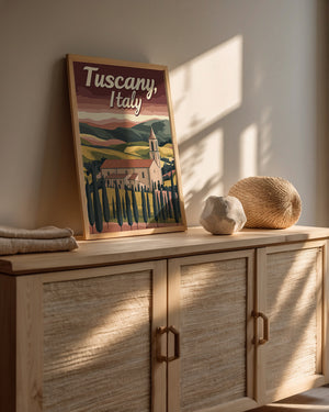 Vintage travel poster of Tuscany, Italy, featuring a scenic villa and cypress trees, ideal for wall art decor.