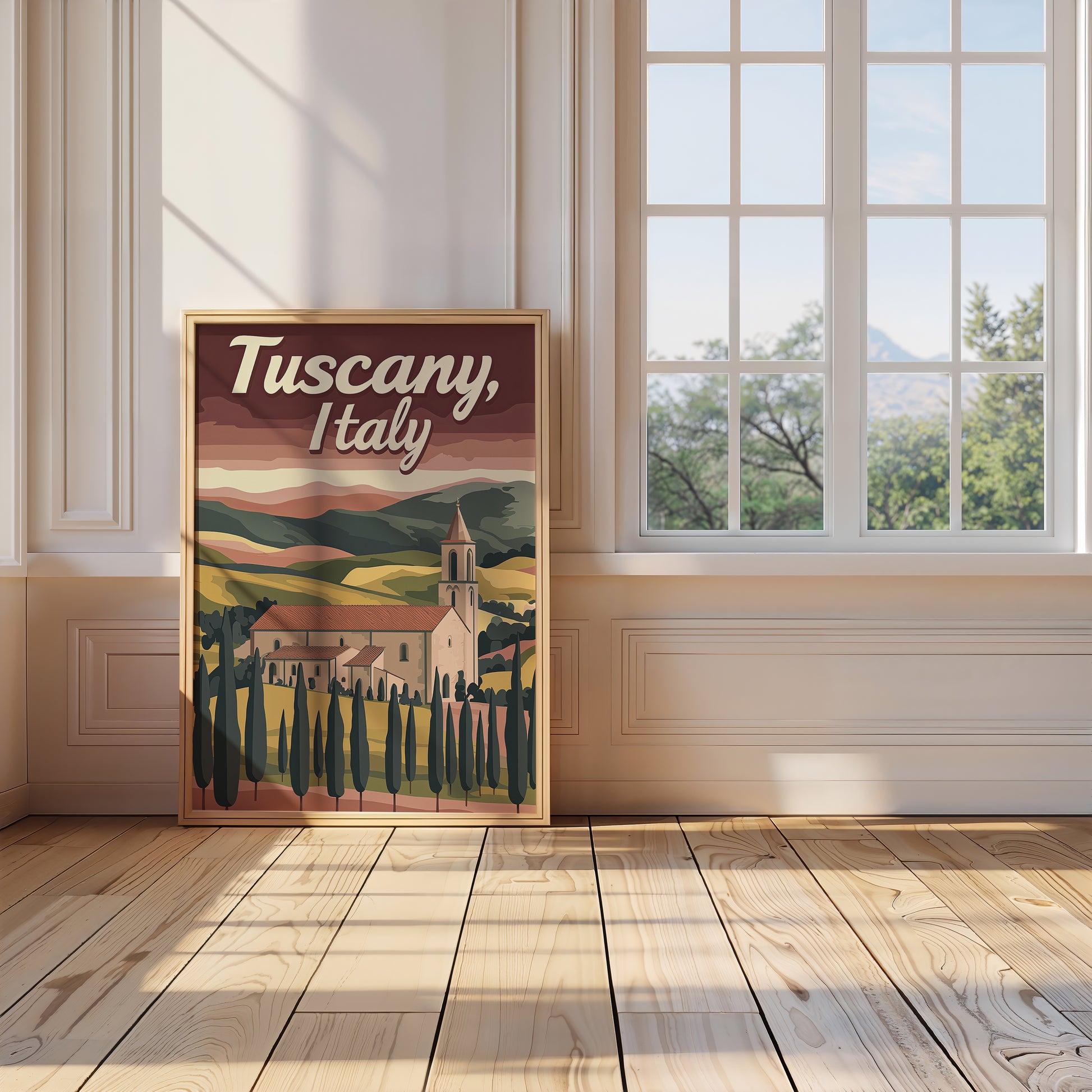 Vintage travel poster of Tuscany, Italy featuring cypress trees and an ancient villa, perfect for wall art.