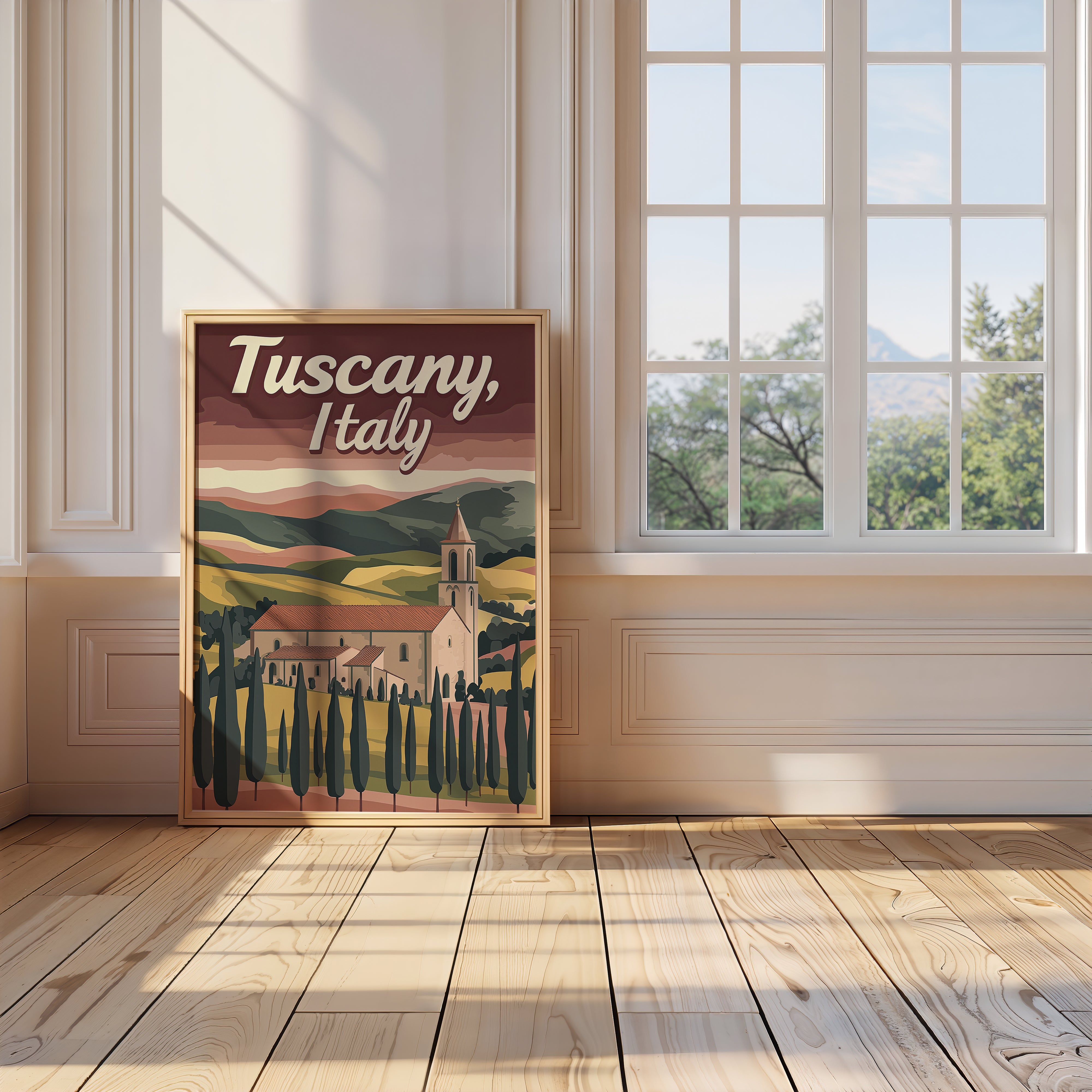 Vintage travel poster of Tuscany, Italy featuring cypress trees and an ancient villa, perfect for wall art.