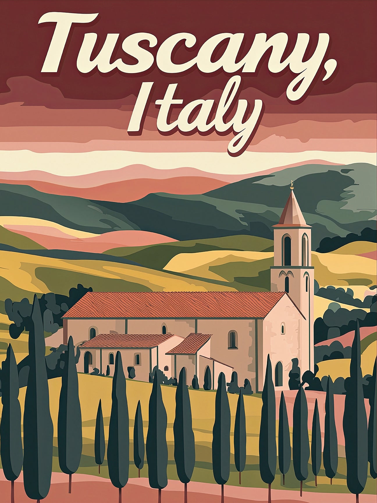 Vintage travel poster of Tuscany, Italy featuring a charming villa and cypress trees against a vibrant countryside backdrop.