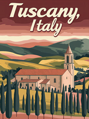 Vintage travel poster of Tuscany, Italy featuring a charming villa and cypress trees against a vibrant countryside backdrop.
