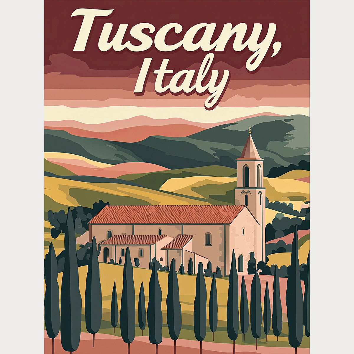 Vintage travel poster featuring Tuscany, Italy with cypress trees and rolling hills in earthy tones.