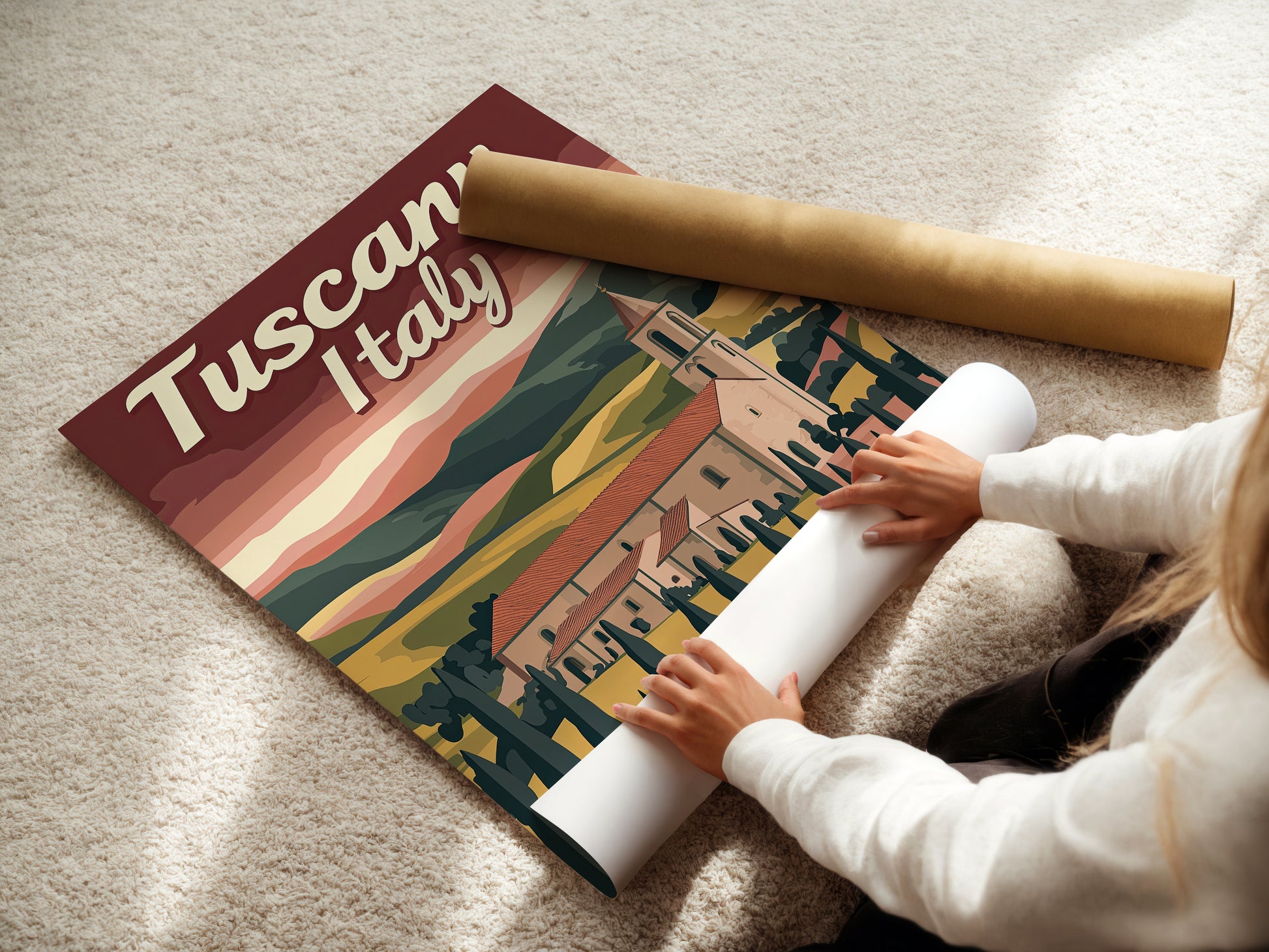 Person unrolling a vintage travel poster featuring Tuscany, Italy, with earthy colors and scenic landscape design.
