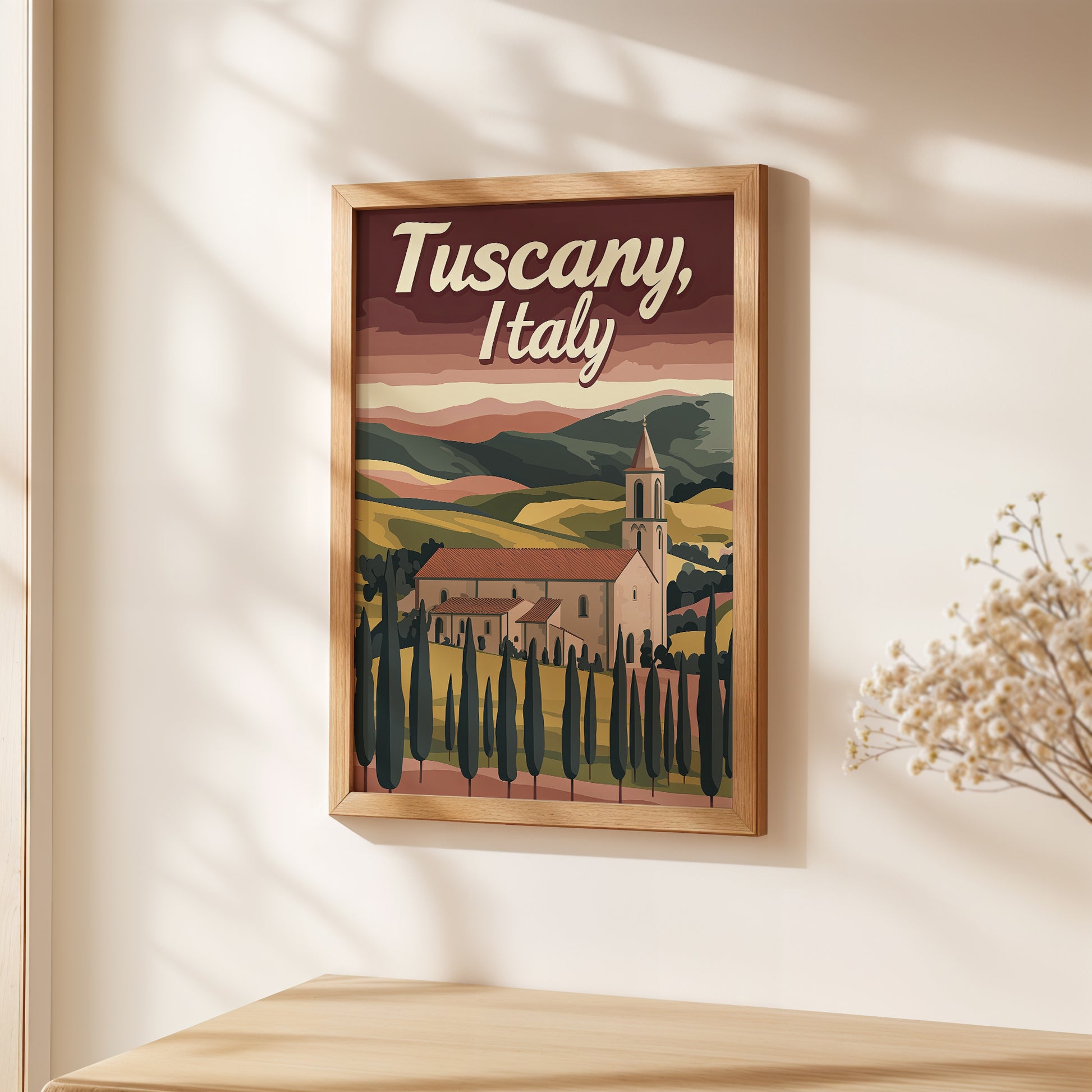 Vintage travel poster of Tuscany, Italy showcasing countryside villa and hills in warm earthy colors.