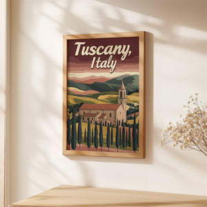 Vintage travel poster of Tuscany, Italy showcasing countryside villa and hills in warm earthy colors.