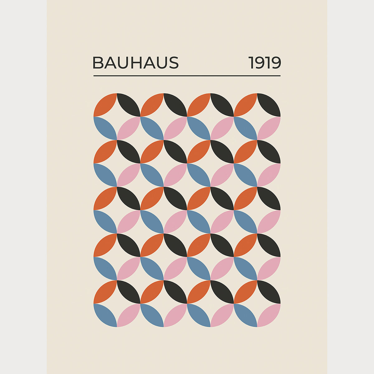 Bauhaus-inspired wall art print featuring geometric patterns in black, red-orange, dusty pink, and steel blue.