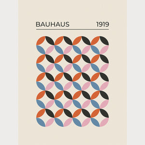 Bauhaus-inspired wall art print featuring geometric patterns in black, red-orange, dusty pink, and steel blue.