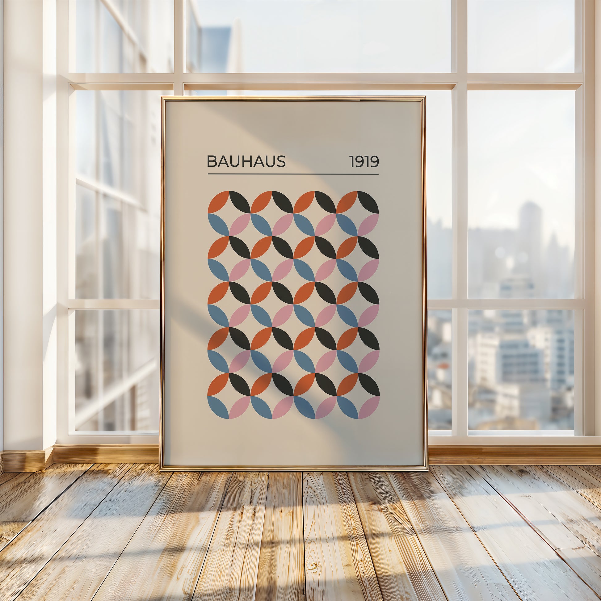 Bauhaus 1919 wall art print featuring geometric circles in retro colors, showcasing modern art and Bauhaus design.