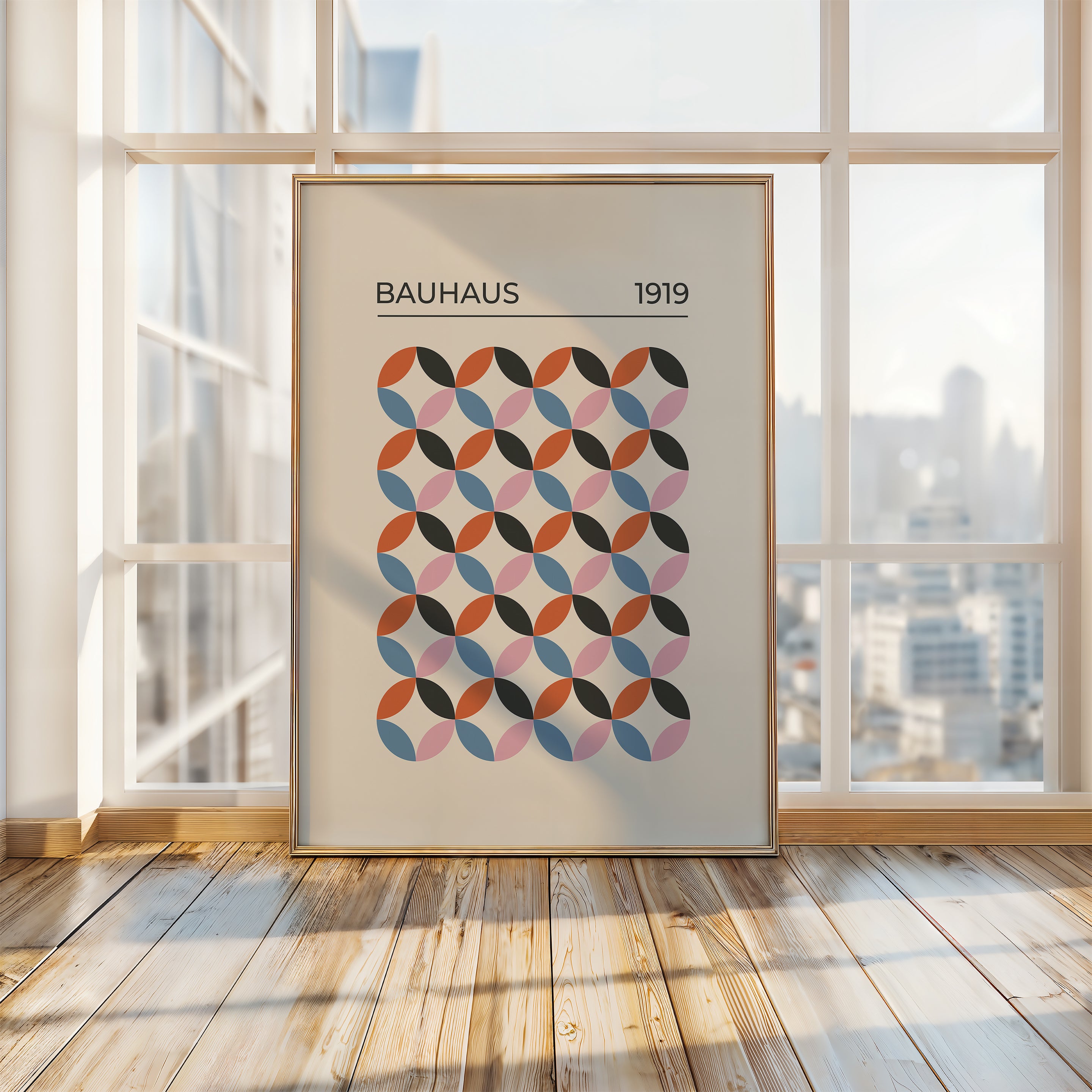 Bauhaus 1919 wall art print featuring geometric circles in retro colors, showcasing modern art and Bauhaus design.
