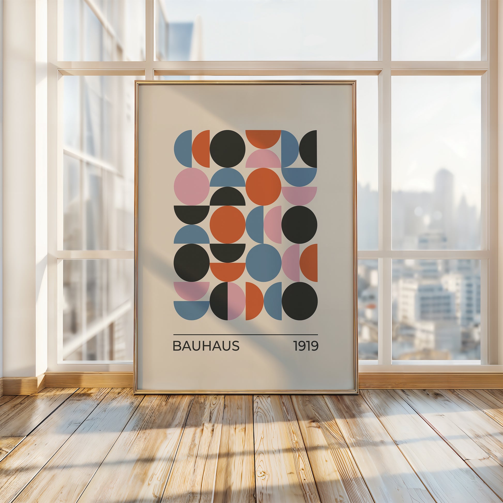 Semicircle Symphony wall art print celebrating Bauhaus design with colorful geometric shapes in a modern interior setting.