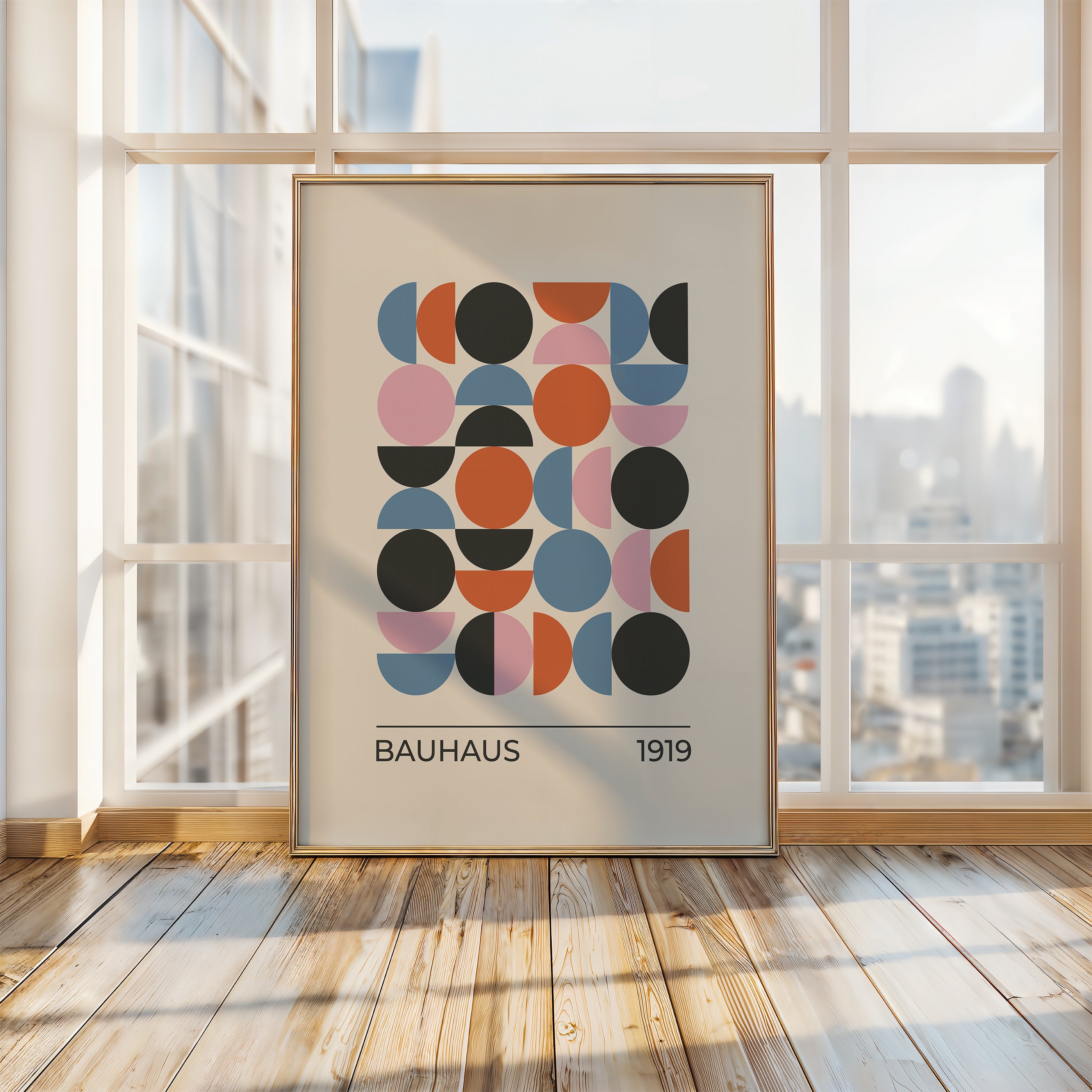 Semicircle Symphony wall art print celebrating Bauhaus design with colorful geometric shapes in a modern interior setting.