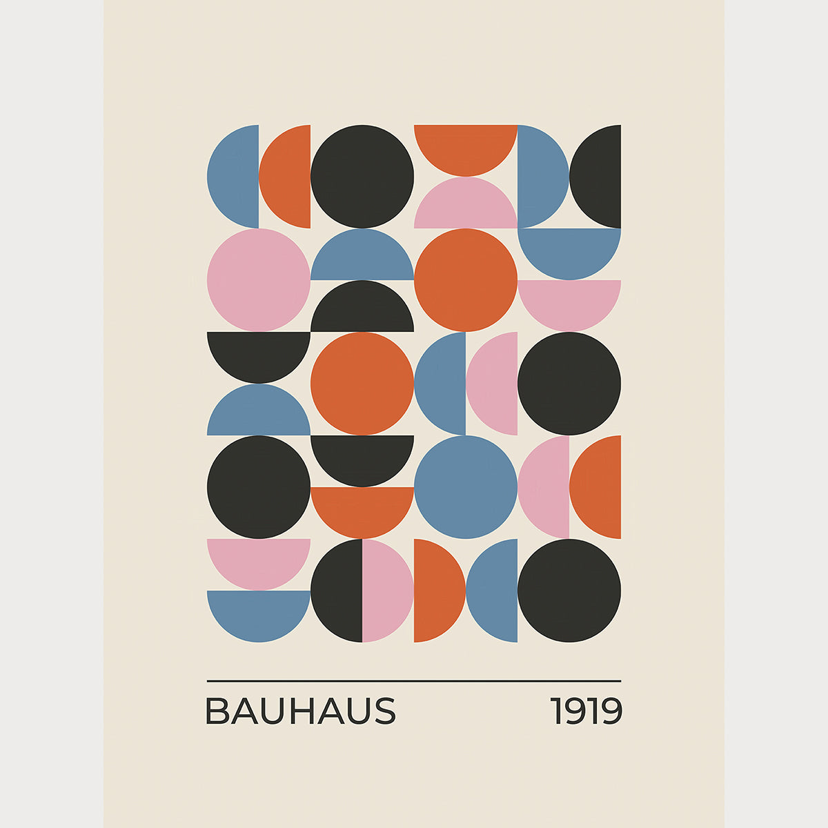 Bauhaus-inspired wall art print featuring geometric half and full circles in pink, black, blue, and orange.