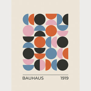 Bauhaus-inspired wall art print featuring geometric half and full circles in pink, black, blue, and orange.