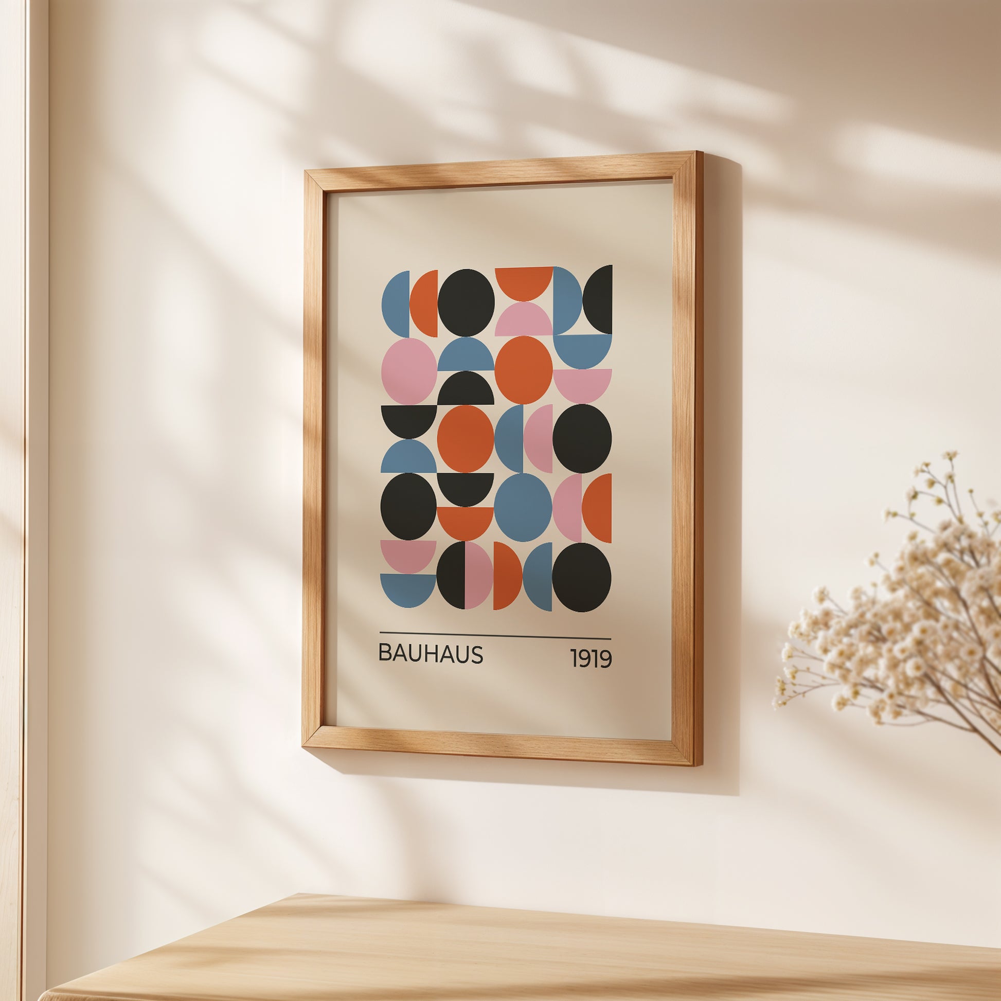 Bauhaus-inspired wall art print featuring colorful geometric shapes and balanced design elements.