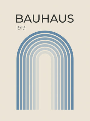 Bauhaus wall art print featuring a blue gradient arch design, showcasing modern design aesthetics.