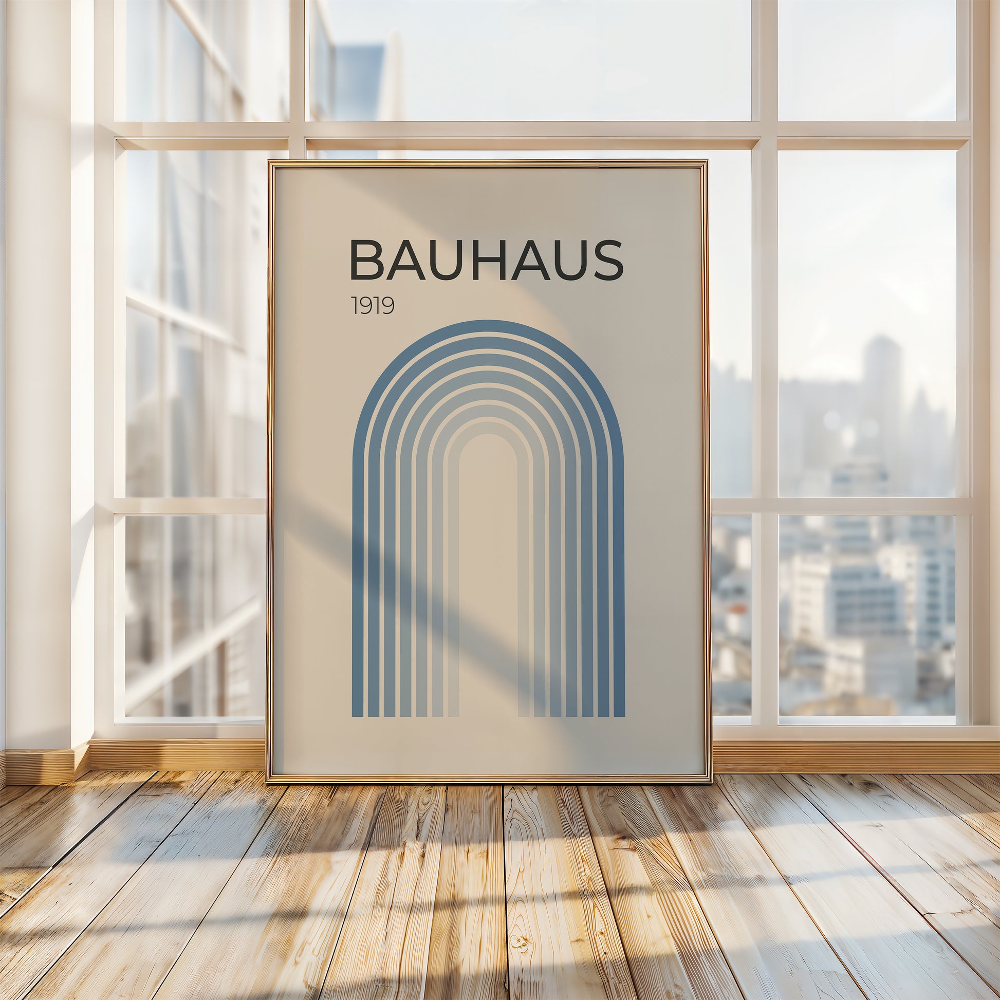 Bauhaus 1919 art print in a sunlit room, featuring a blue gradient arch design, representing modern design and simplicity.