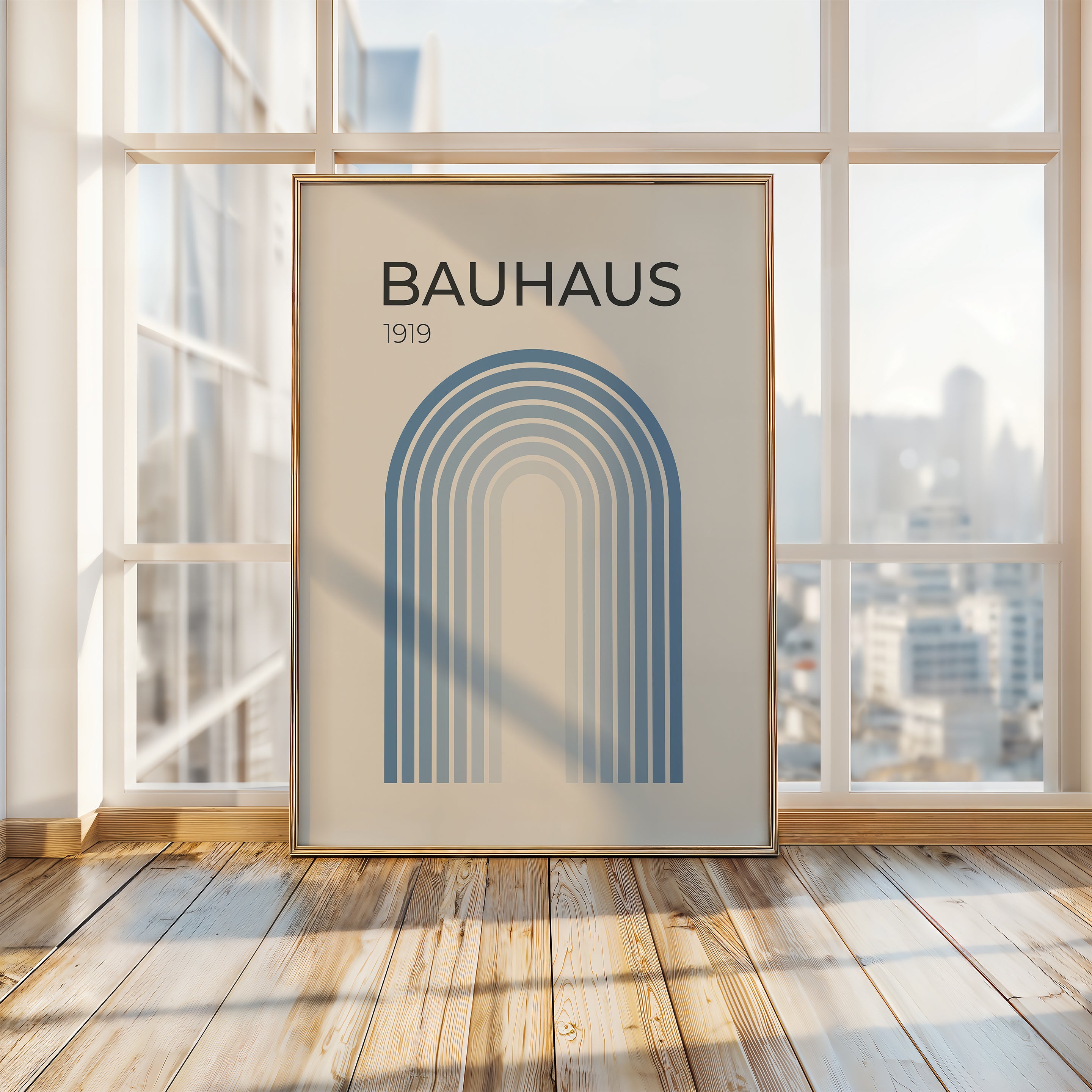 Bauhaus 1919 art print in a sunlit room, featuring a blue gradient arch design, representing modern design and simplicity.