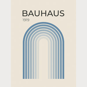 Bauhaus art print featuring a symmetrical blue gradient arch, inspired by Bauhaus design principles.
